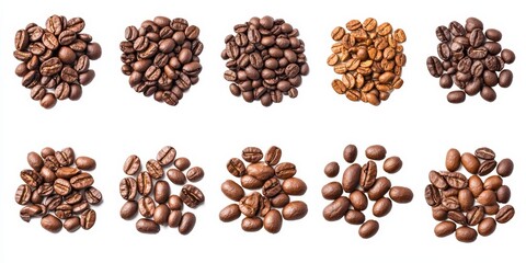 Collection of brown coffee beans displayed on a white background, showcasing the rich texture and color of brown coffee beans for coffee enthusiasts and culinary uses.