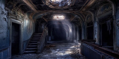 Obraz premium A dark and creepy abandoned theater hallway, filled with a haunted atmosphere, evokes feelings of eeriness and intrigue in this stunning depiction of a ruined space. Perfect for horror themes.