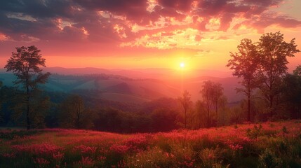 Obraz premium Panoramic view of sunset over rolling hills with golden light