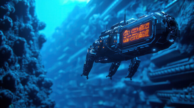 robotic submarine exploring underwater environment with vibrant blue hues and intricate details. scene captures essence of advanced technology in mysterious aquatic landscape