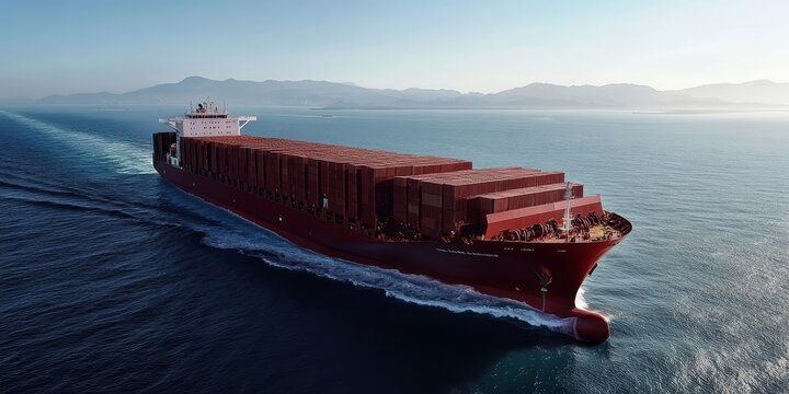 Aerial view of a massive ULCV container ship sailing on open waters, fully loaded with cargo and containers, showcasing the impressive size and capabilities of large ULCV container ships.