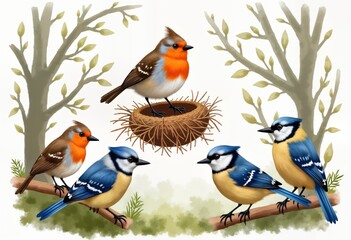 Fototapeta premium Cute watercolor birds in spring summer scene. Robin, wren, bluebird, waxwing, blue jay, blue tit depicted. Birds in nest, on branches of trees. Nest, branches illustrated in rustic style. Colorful