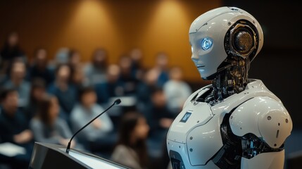 Fototapeta premium Humanoid robot lecturer in modern college classroom setting