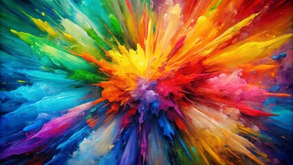 A vibrant explosion of multicolored paint bursts outwards, creating a dynamic and energetic abstract artwork.