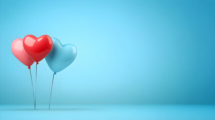Three Heart-Shaped Balloons Floating Against a Pastel Blue Background, Representing a Festive and Joyful Occasion