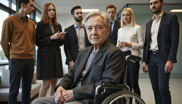 group shot of diverse business people, disabled woman on wheelchair chatting with colleagues