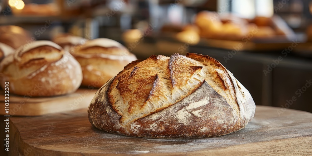 Leinwandbilder sourdough bread displayed prominently, featuring a freshly baked round loaf with a golden crust. thi