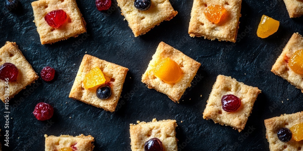 Poster shortbread cookies featuring candied fruits arranged elegantly on a dark backdrop, highlighting the 