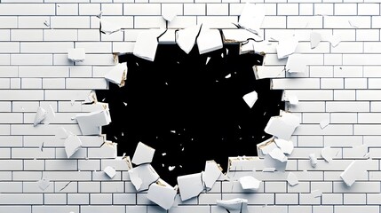 3D hole in a white brick wall with pieces flying out, vector illustration. Wall of bricks broken through with cracks, debris, and a black background