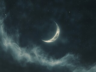 Fototapeta premium Magical Night Sky with Crescent Moon and Starry Clouds, ideal for fantasy and dreamy backgrounds Generative AI