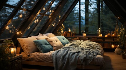 Farmhouse attic bedroom with a cozy bed and turquoise bedding. Rustic and inviting design perfect for relaxing.