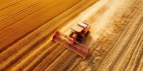 Aerial perspective of the hardworking harvester, efficiently harvesting wheat during the peak agricultural harvest season on a hot summer day. The scene showcases the dedicated wheat harvesting