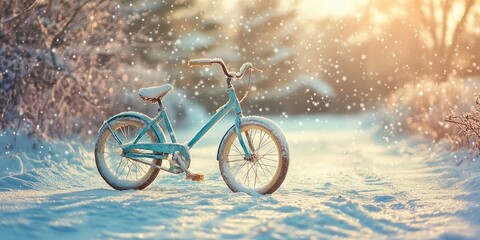 Fototapeta premium Children s two wheeled bicycle rests in a snowy setting, showcasing the charm of a children s two wheeled bicycle against a wintery backdrop, inviting fun and adventure in the snow.