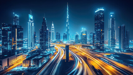 Obraz premium Cars on the highway with blue and yellow light trails