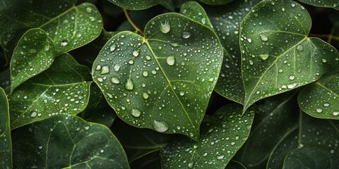 Fototapeta premium A close up view of weeping fig ficus leaves adorned with water droplets, showcasing the natural beauty and texture of the weeping fig ficus leaves in stunning detail.