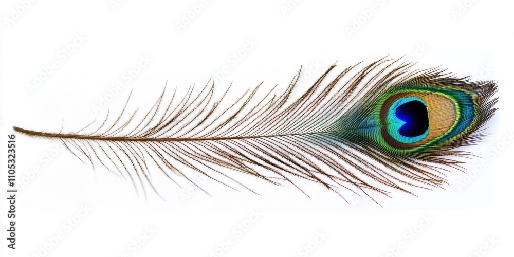 Poster Isolated peacock feather on a pristine white background, showcasing the intricate patterns and vibrant colors of the peacock feather, perfect for artistic and design projects featuring peacock feather