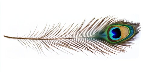 Obraz premium Isolated peacock feather on a pristine white background, showcasing the intricate patterns and vibrant colors of the peacock feather, perfect for artistic and design projects featuring peacock feather