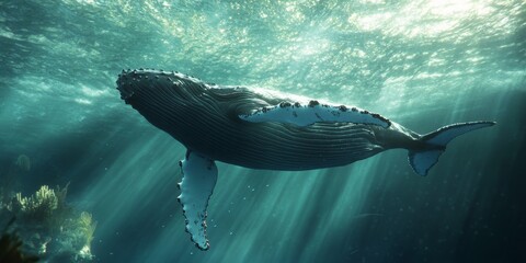 Humpback whale glides gracefully near the surface, showcasing the beauty of humpback whales as they explore their aquatic habitat and interact with the surrounding marine environment.