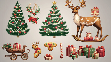 Festive Christmas elements including a gingerbread cookie, reindeer, sleigh with gifts, and a decorated Christmas tree on a transparent background for holiday designs
