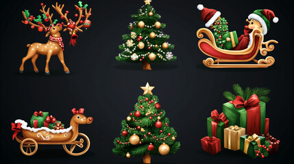 Festive Christmas elements including a gingerbread cookie, reindeer, sleigh with gifts, and a decorated Christmas tree on a transparent background for holiday designs
