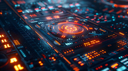 Fototapeta premium Futuristic 3D Render of a Glowing Tech Interface with Central Control Panel and Digital Displays