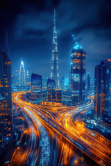 Obraz premium Tall buildings and light trails in the dark sky