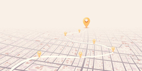 City map featuring directional signs, an intended goal point and multiple markers. An abstract navigation plan highlights POI including city streets, blocks. Vector illustration © Vadym