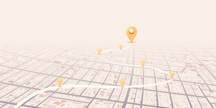 City map featuring directional signs, an intended goal point and multiple markers. An abstract navigation plan highlights POI including city streets, blocks. Vector illustration