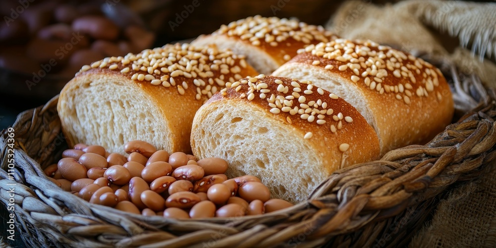 Poster fresh slices of wheat bread topped with sesame and accompanied by beans, elegantly arranged in a bas