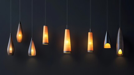 Realistic set of glowing hanging and wall lamps for modern interior isolated on dark background vector illustration