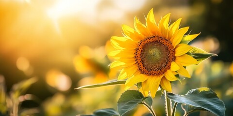 Naklejka premium Sunflower basking in the sunlight, showcasing its vibrant colors in a soft focus. This sunflower highlights the beauty of nature, creating a serene and calming atmosphere with its radiance.