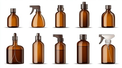 Set of brown medicine bottles and spray bottles, isolated on white background