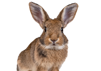 Young European rabbit facing and looking at the camera isolated on a transparent or white background
