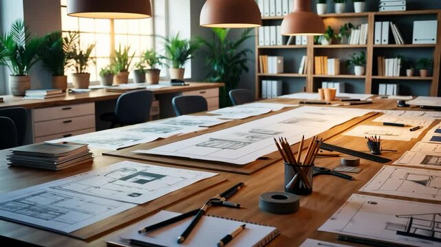 Video footage of well organized architect's workspace with drafting tools, blueprints, and plants on a wooden table