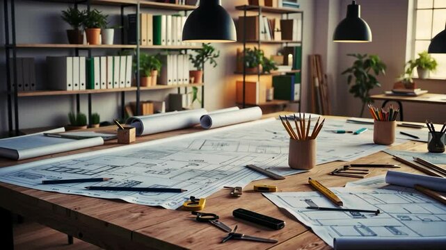 Video footage of well organized architect's workspace with drafting tools, blueprints, and plants on a wooden table