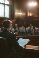 A lawyer sits at a desk in a courtroom, holding legal documents, with jurors and the courtroom interior visible in the background.  
