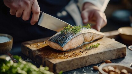 Professional Chef Skillfully Prepares Fresh Salmon Fillet with Herbs on Cutting Board in Rustic Kitchen Setting