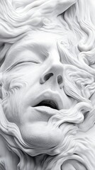 Surreal face emerging from swirling white textures, evoking a dreamlike state, AI