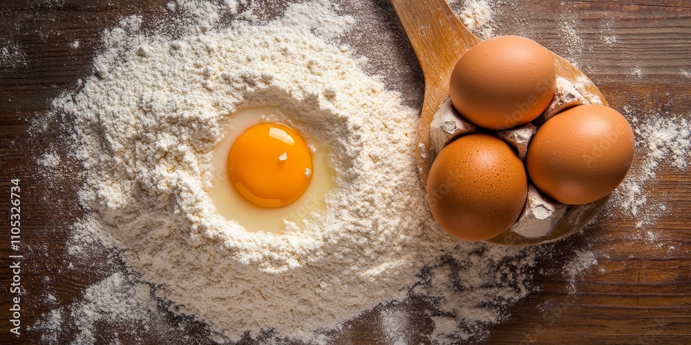 Poster flour and eggs arranged thoughtfully on a rustic wooden background, highlighting the essential ingre