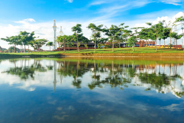 Fototapeta premium View of the lake and Sheikh Yusuf Gowa Park, South Sulawesi, Indonesia