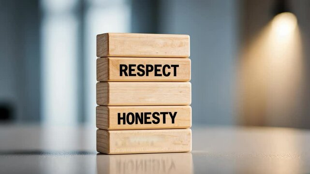 Video footage of stack of wooden blocks with the words written on them, symbolizing core values in a professional or personal setting