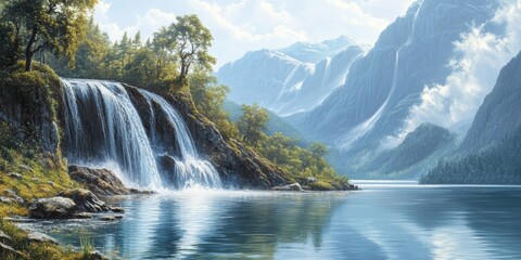 Fototapeta premium Waterfall cascading beautifully into a serene lake, showcasing the stunning charm of waterfall landscapes and nature s artistry, perfect for those who admire majestic waterfall scenes.