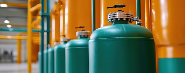 The image shows a row of green gas cylinders in an industrial setting, highlighting safety and storage for gas.