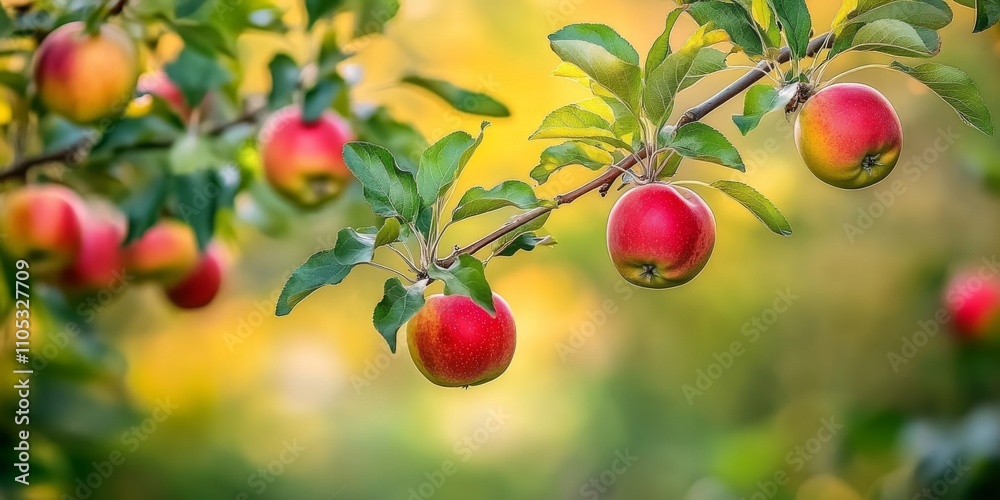 Poster apples and leaves adorn tree branches in a vibrant garden, showcasing the beauty of apples and leave