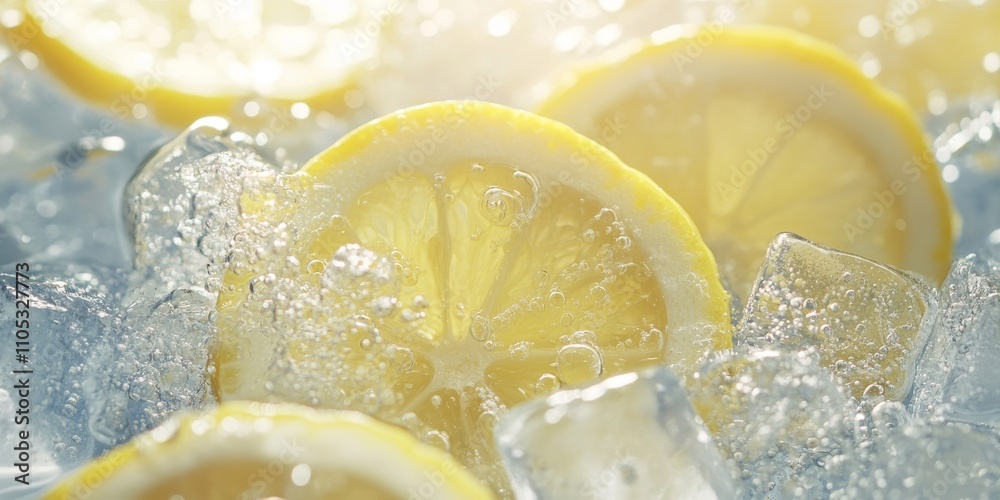 Poster Refreshing lemon and ice cubes perfectly complement the crispness of soda water, creating a delightful beverage highlighting the vibrant flavor of lemon and the chill of ice cubes.