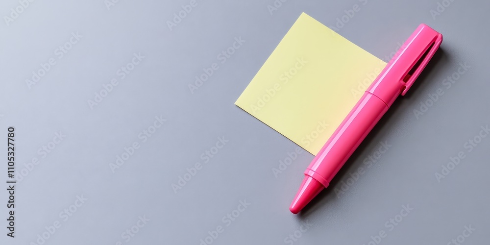 Poster bright pink marker placed alongside a sticky note on a light grey background, showcasing a flat lay 