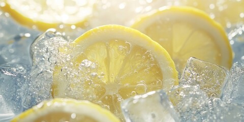 Refreshing lemon and ice cubes perfectly complement the crispness of soda water, creating a delightful beverage highlighting the vibrant flavor of lemon and the chill of ice cubes.