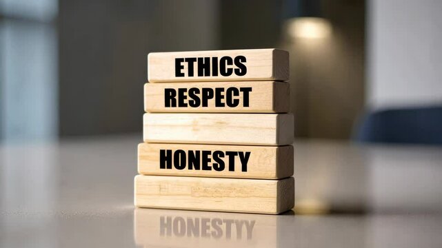 Video footage of Stacked wooden blocks on a reflective surface,emphasizing core values in a simple, yet powerful arrangement