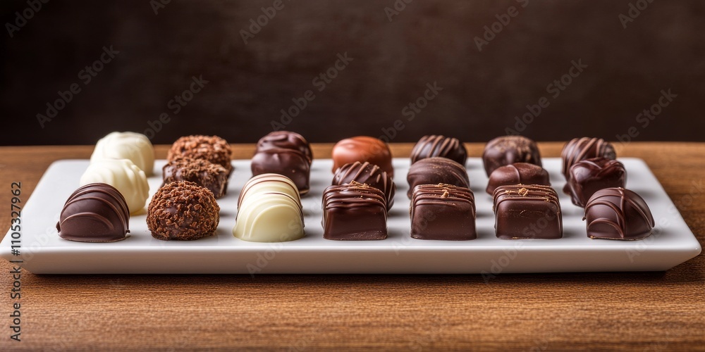 Poster variety of chocolates displayed on a white tray, set against a rich brown background, showcasing the