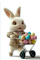 A cute Easter bunny wearing a jacket and bow tie, pushing a cart full of colorful Easter eggs.